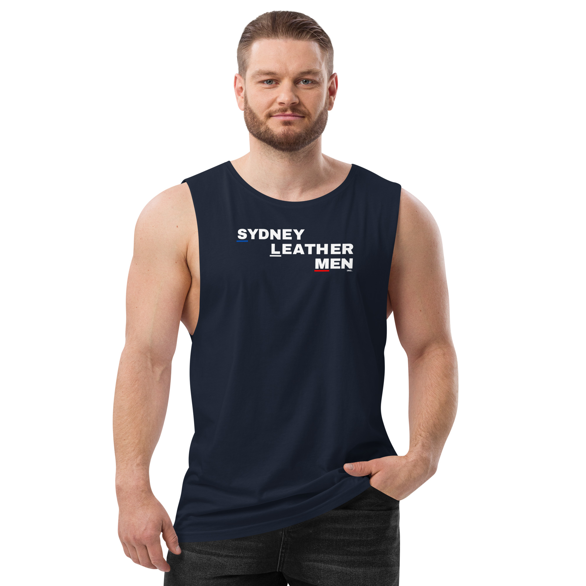 SLM 2024 Muscle Top Sydney Leather Men Inc SLM   Mens Drop Arm Tank Top Navy Front 65b1726df1d91 