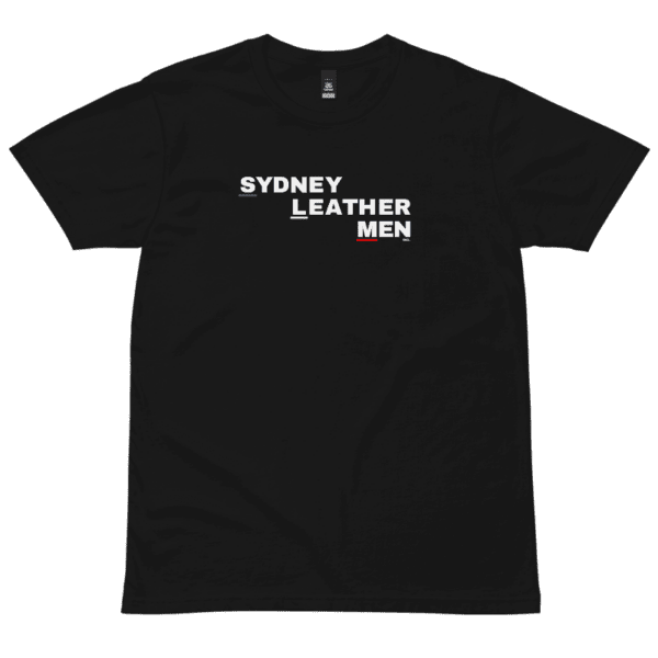 Black t-shirt with text in the middle. Sydney Leather Men with blue, white and red lines under SL and M