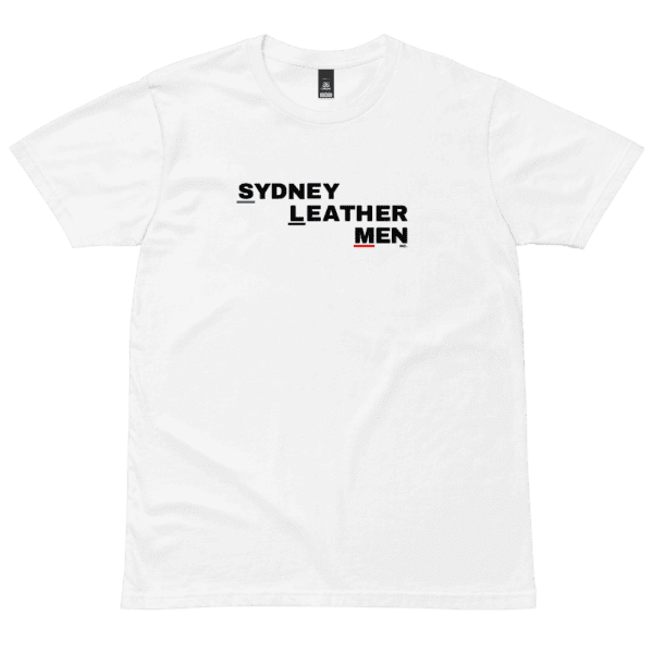 White t-shirt with text in the middle. Sydney Leather Men with blue, white and red lines under SL and M