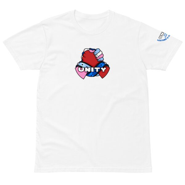 White T-shirt with Unity Logo in the centre depicting two hands clasping, tied together by a leather band in the infinity shape. One hand is red, blue and white and the other is white, light blue and pink. On the left sleeve reads the text "Unity. Sydney Australia, Leather & Fetish Social"