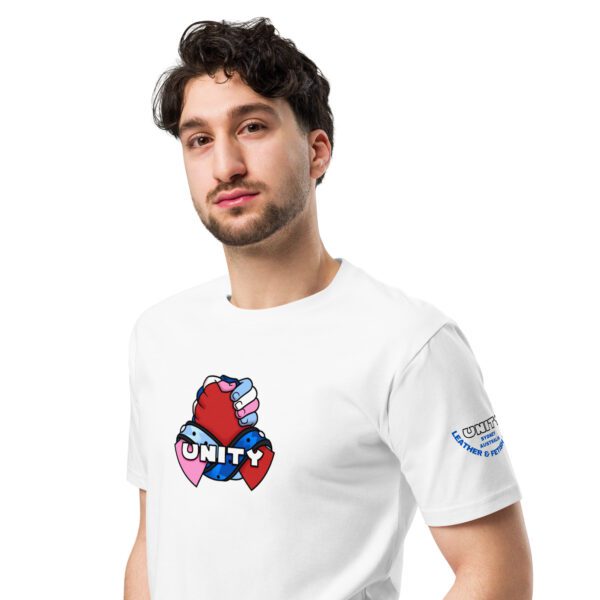 Chest up view of man wearing Unity shirt, showcasing the logo and sleeve text.