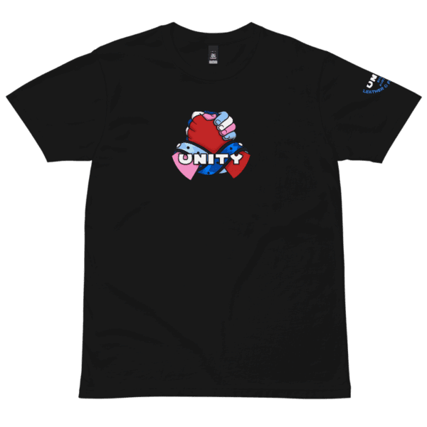a black shirt with a design of two hands clasping one red, blue, and white, the other pink, light blue and white. Tied together by a blue leather band twisted in the infinity symbol. the text Unity is displayed above.