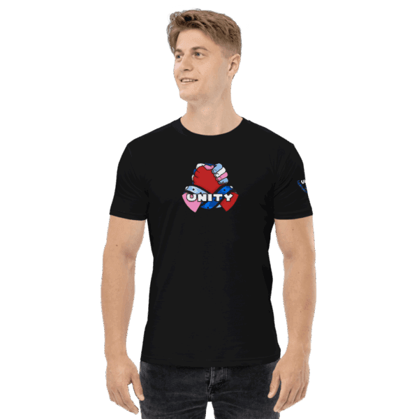 Man wearing a black shirt with a design of two hands clasping one red, blue, and white, the other pink, light blue and white. Tied together by a blue leather band twisted in the infinity symbol. the text Unity is displayed above.