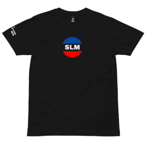 black shirt with a round circle logo divided into thirds. top third is blue, bottom is red and middle is black with the text SLM inc.